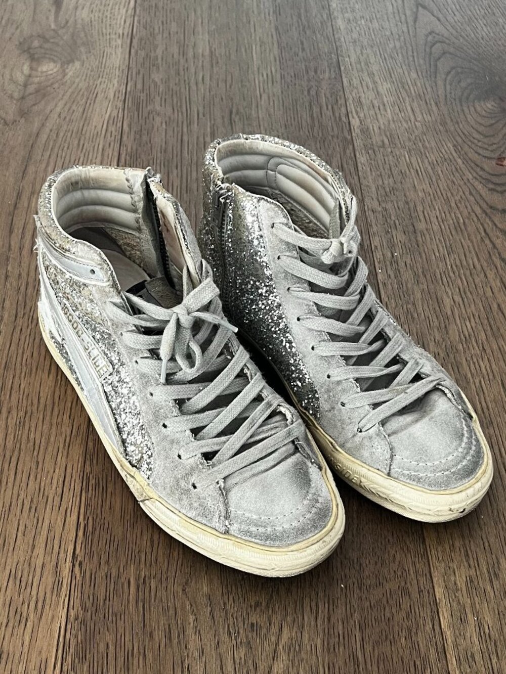 Golden Goose Slide High-top Silver Glitter Sneakers